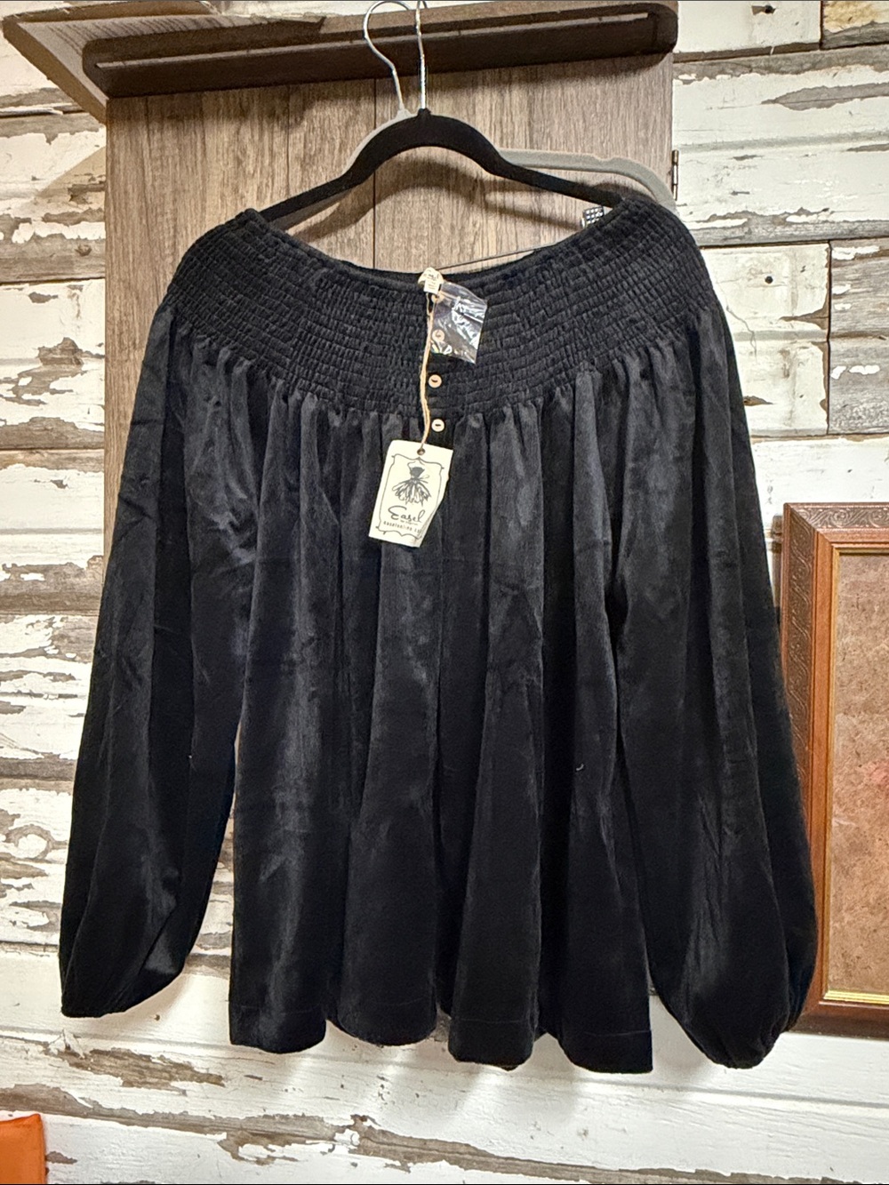 easel Black Off-Shoulder Smocked Velvet Top